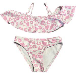 Shein girl's pink white animal print off‎ the shoulder bikini swimsuit sz 110